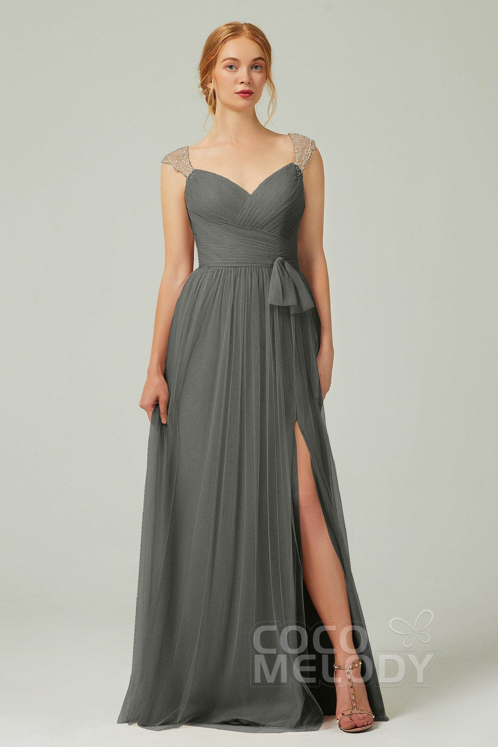 A-Line Floor Length Tulle Bridesmaid Dress CB0313PS - COCOMELODY
